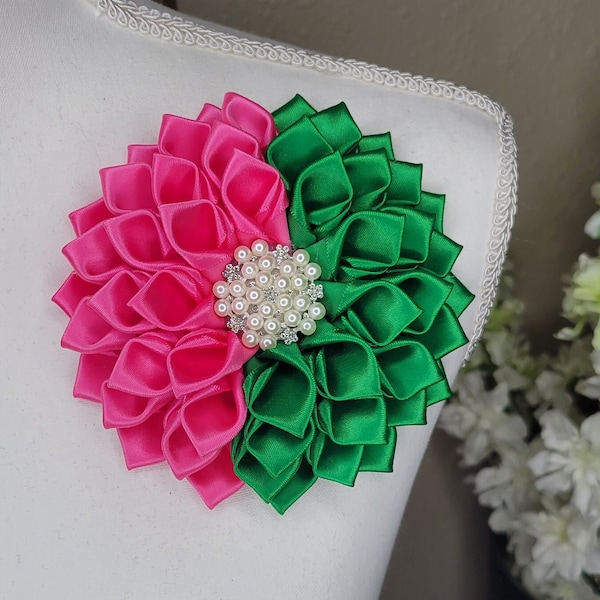 Pink and green silk flower brooch pin, brooch tie, flower brooch with rhinestone