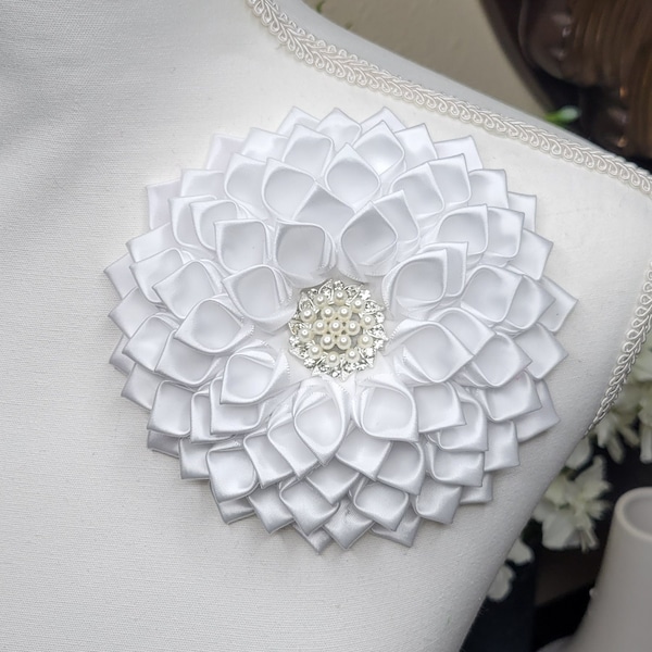 6 inch white protocol brooch or select your color, White flower brooch pin with rhinestone petals, church fashion, Shoulder Flower Brooch