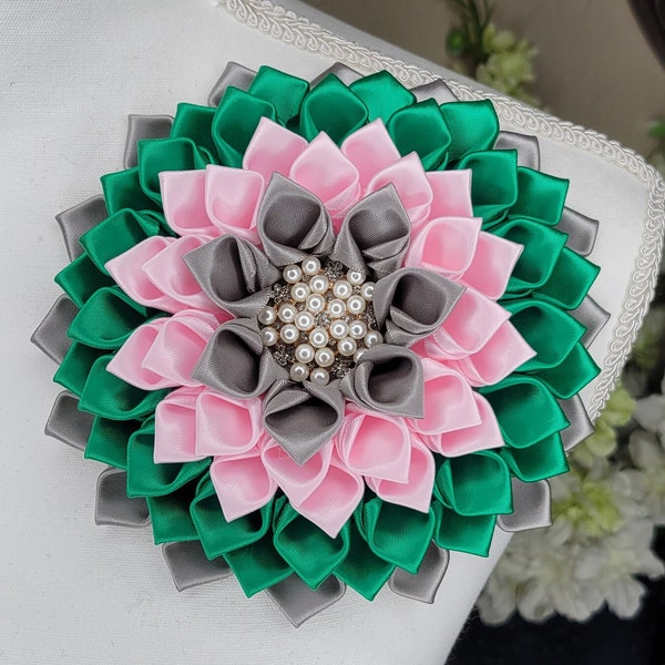 Silvery Gray, light pink and dark emerald green flower pin with rhinestone petals, brooch, church fashion, sorority, mother member brooch