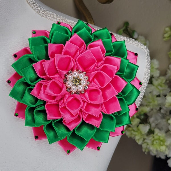 Pink and green satin brooch pin, brooch tie, flower brooch with rhinestone