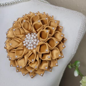 Anniversary brooch, Ribbon flower brooch, brooch with pearls, select your color flower pin brooch, gold Shoulder Flower Brooch