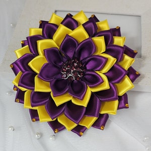 Deep purple and yellow flower pin with rhinestone petals, brooch, church fashion, wedding accessories, Shoulder Flower Brooch