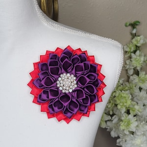Plum and red large flower brooch with rhinestone petals, church fashion, sorority brooch, Shoulder Flower Brooch, first lady brooch