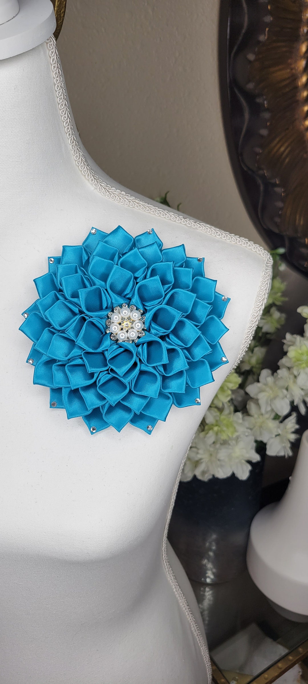 Blue Flower Pin With Rhinestone Petals Brooch Church Etsy