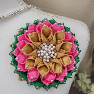 Ribbon flower brooch, brooch with pearls, select your color flower pin brooch, church fashion, wedding accessories, Shoulder Flower Brooch
