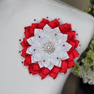 Red and white sorority flower brooch with rhinestone petals, church fashion, sorority brooch, Shoulder Flower Brooch, first lady brooch