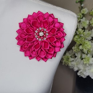 Large fuschia flower brooch with rhinestone petals, church fashion, sorority brooch, Shoulder Flower Brooch, first lady brooch