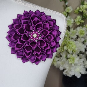 Large on purple flower brooch with rhinestone petals, church fashion, sorority brooch, Shoulder Flower Brooch, first lady brooch