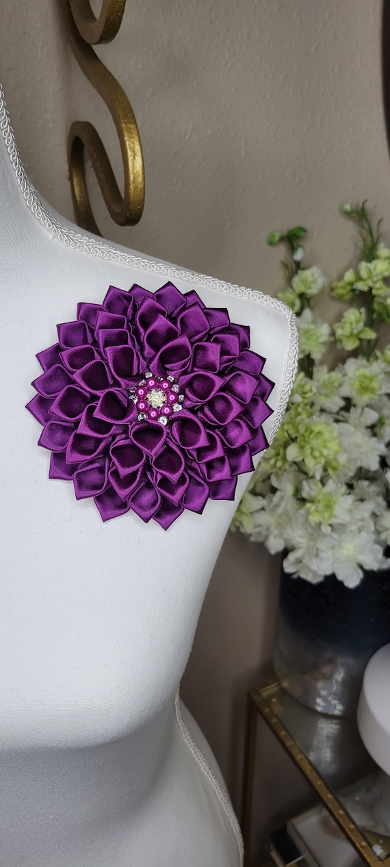 Large on Purple Flower Brooch With Rhinestone Petals, Church