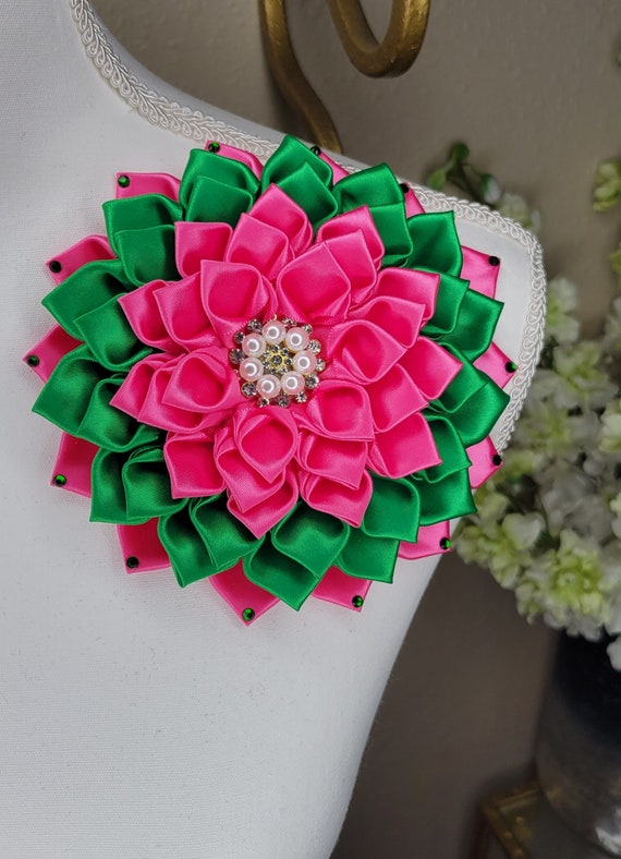 Pink and Green Satin Flower Brooch Pin With Rhinestone - Etsy display picture 2