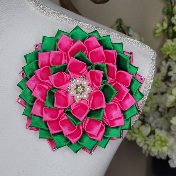 Hot pink and emerald green flower pin with rhinestone petals, brooch, church fashion, sorority, wedding accessories, Shoulder Flower Brooch