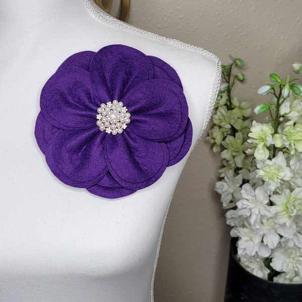 DST inspired African Violet flower corsage brooch shoulder pin.  Giant felt flower statement accessory. Select your color