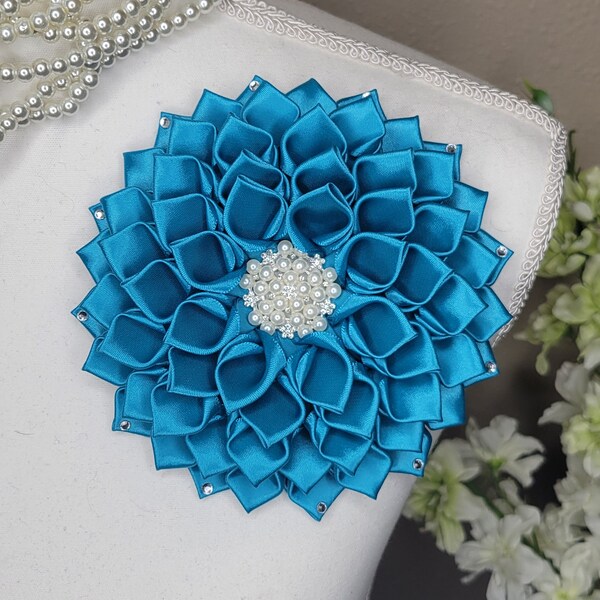 Turquoise blue flower brooch or select your color rhinestone petals, church fashion, wedding accessories, Shoulder Flower Brooch