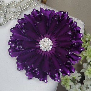 African Violet Purple Flower Brooch Satin Pin Shoulder Corsage, large flower brooch with rhinestone petals, Shoulder Flower Brooch