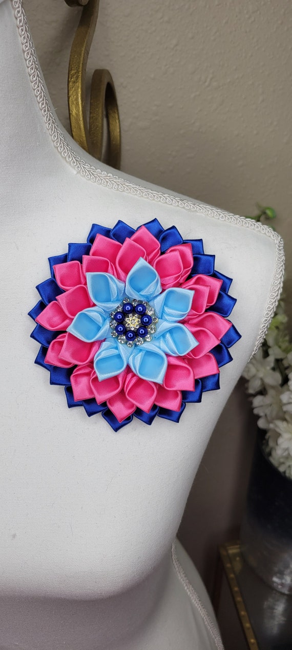 Tri-color JJ Flower Pin With Rhinestone Petals Brooch, Shoulder