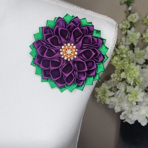 Large with green flower brooch with rhinestone petals, church fashion, sorority brooch, Shoulder Flower Brooch, first lady brooch