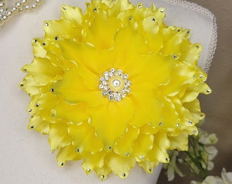 Yellow Easter Flower Brooch, Rhinestone Petal Corsage Pin