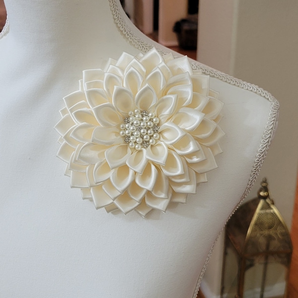 Antique White flower brooch or select your color rhinestone petals, church fashion, wedding accessories, Shoulder Flower Brooch