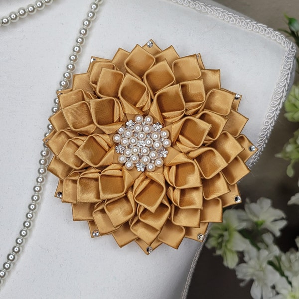 Golden anniversary brooch flower Pin with rhinestone petals, brooch, church fashion, sorority, wedding accessories, Shoulder Flower Brooch