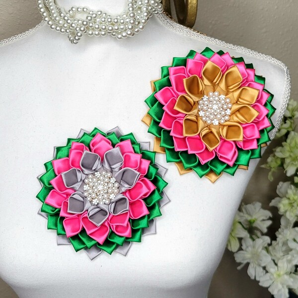 Select your style pink and emerald green flower pin with rhinestone petals, sorority brooch, mother member brooch