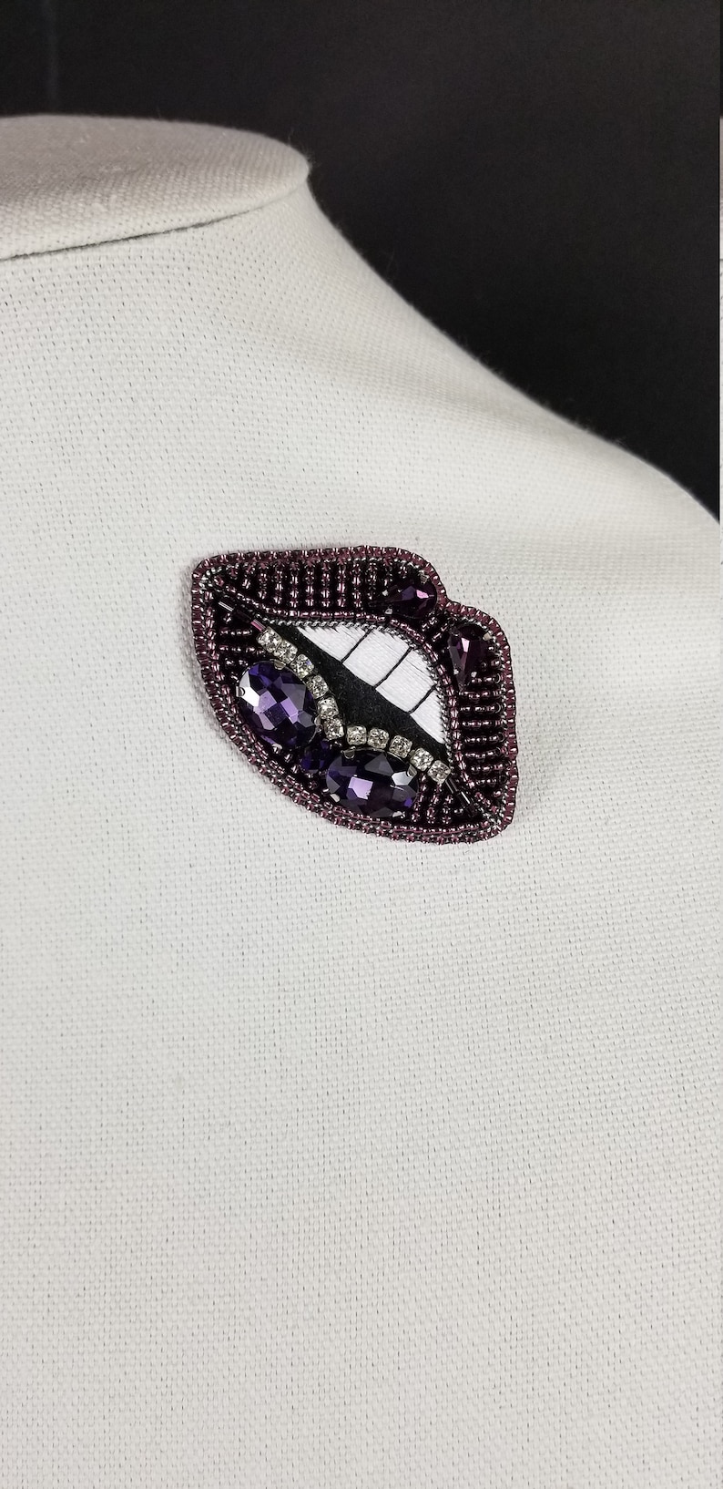seed beads gift for her rhinestones pin Purple handmade beaded lips brooch