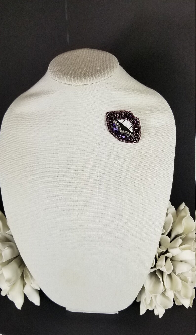 seed beads gift for her rhinestones pin Purple handmade beaded lips brooch