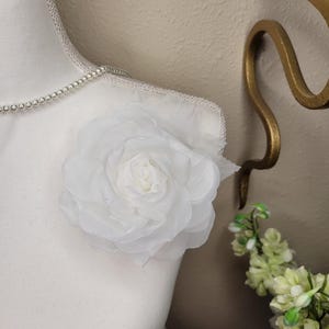White Chiffon Flower Brooch Pin: Corsage with Leaves