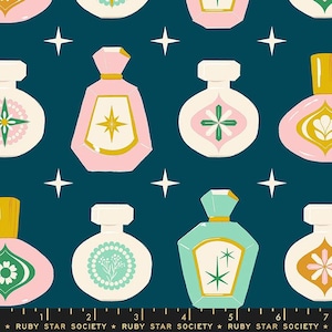 May include: A repeating pattern of perfume bottles in pink, teal, and white with gold accents and starburst designs on a dark teal background. The text "RUBY STAR SOCIETY" is at the bottom.