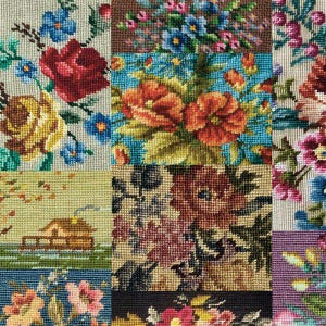 May include: A patchwork textile with multiple floral designs. The squares display detailed needlepoint with roses, bluebells, and other flowers. The colour palette includes reds, oranges, blues, and greens, creating a vibrant and textured appearance. The textile is a square.
