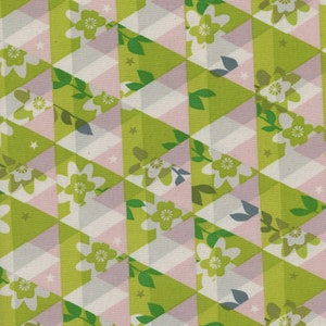 May include: A seamless pattern featuring a repeating design of white flowers, green leaves, and five-pointed stars on a background of pink, green, and white triangles.