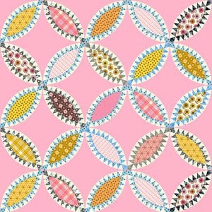May include: A pink background with a repeating pattern of overlapping circles. Each circle is made up of 8 different fabric pieces in various colors and patterns, including yellow, brown, pink, blue, and white.