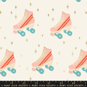 May include: A repeating pattern of pink roller skates with orange stripes and teal wheels on a cream background. Gold starbursts are scattered throughout the design. The text "RUBY STAR SOCIETY" is at the bottom.