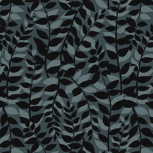 May include: A repeating pattern featuring stylized black leaves and branches against a muted teal background. The design creates a sense of depth and movement, suitable for fabric or wallpaper.