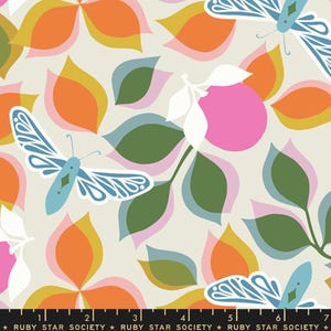 May include: A seamless fabric pattern featuring a repeating design of stylized leaves and butterflies in shades of blue, green, pink, orange, and yellow on a cream background.