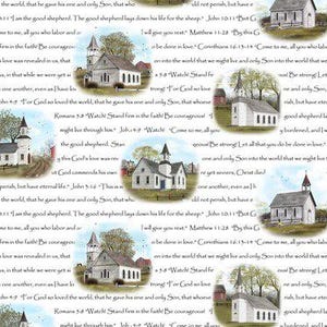May include: White fabric with a repeating pattern of watercolor-style churches, trees, and scriptural text. The churches have steeples and are set in oval vignettes. The text includes Bible verses and phrases.