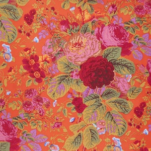 May include: A vibrant orange fabric with a detailed floral pattern. The design features large, lush roses in shades of red, pink, and cream, interspersed with green and purple foliage. The overall effect is a rich, colorful, and detailed botanical print.