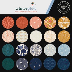 May include: A collection of fabric swatches in various colors and patterns. The swatches are arranged in a grid, featuring floral, geometric, and winter-themed designs. The text "winterglow" and "collaborative collection" are visible.