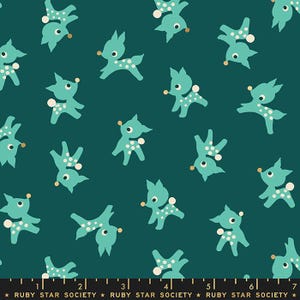 May include: Teal fabric featuring a repeating pattern of light blue deer with white polka dots and gold accents. The background is a dark teal. The text "RUBY STAR SOCIETY" is at the bottom of the image.