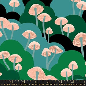 May include: A teal, green, and black fabric with a repeating pattern of pink mushrooms. The fabric has a ruler printed at the bottom with the text "Ruby Star Society".