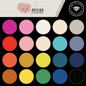May include: A collection of colourful circles on a black backdrop. The circles are in shades of pink, red, orange, yellow, green, blue, and white. The top left corner has the text "SUGAR by Sarah Watts" with a cloud and stars.