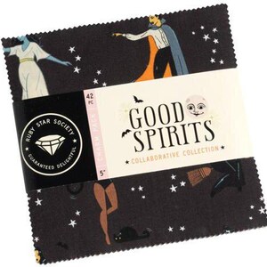 May include: A 42-piece charm pack of fabric squares from the Good Spirits collection by Ruby Star Society. The fabric features a black background with white stars, a vampire, a ghost, a broom, and a black cat. The label indicates 5-inch squares.