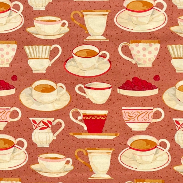 Tea Cups terra cotta FQ or more Martha Negley Rowan fabrics oop htf