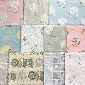 May include: Assortment of fabric squares with various "Where the Wild Things Are" themed patterns. Designs include characters, text, and illustrations in pink, blue, gray, and white. The fabric is likely cotton or a similar material.