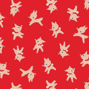 May include: A repeating pattern of light brown reindeer with white spots and blue eyes on a bright red background. The reindeer are in various poses, creating a festive and playful design, perfect for holiday-themed products.