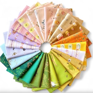 May include: A circular arrangement of colorful fabric squares, each with unique patterns and designs. The fabrics feature a variety of colors, including green, yellow, pink, and blue, with illustrations of animals and plants. The arrangement is set against a white background.