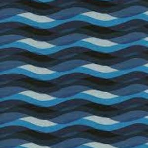 May include: Abstract pattern featuring undulating waves in shades of blue, including navy, teal, and light blue. The design has a textured appearance, with the waves overlapping to create a sense of depth and movement. The overall aesthetic is modern and graphic.