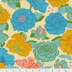 May include: A fabric featuring a repeating floral pattern. Large, stylised flowers in turquoise, yellow, and orange are set against a pale yellow backdrop. Green leaves and a butterfly complete the retro botanical design.