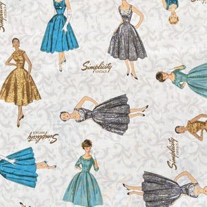 May include: A fabric pattern featuring illustrations of women in vintage dresses in various colors, including gold, blue, and silver. The dresses are set against a white background with a subtle floral design. The word "Simplicity Vintage" is printed on the fabric.