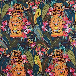 May include: A colourful fabric design with orange tigers and black stripes, set amongst green leaves, bright flowers, and a dark backdrop. The pattern creates a tropical jungle theme.