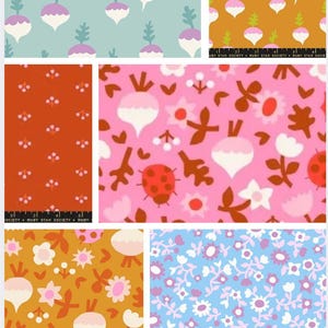 May include: A selection of fabric samples featuring repeating patterns. Designs include stylized turnips, flowers, and ladybirds in pink, blue, orange, and yellow. The fabrics are from Ruby Star Society.